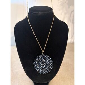 Navy Blue Beaded Spiral Pendant Long Gold Tone Chain Necklace‎ Statement Jewelry